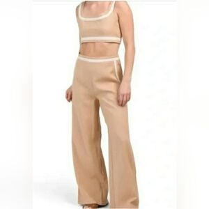 7 For All Mankind Beige Linen Wide-Leg 2pc Pants Set Crop Tank Top Cream Trim